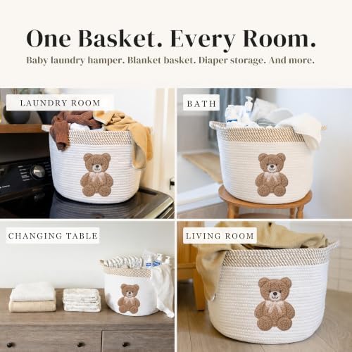 Teddy Bear Baby Storage Basket, Woven Cotton Rope Nursery Bin, 15x11 in | Stuffed Animal and Blanket Storage, Embroidered Bear Patch, Gender Neutral Nursery Decor, Shower Gift, Playroom Organizer