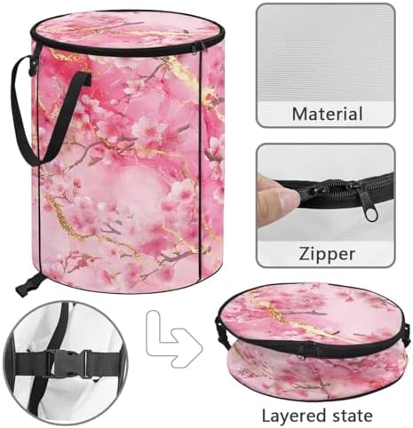 doginthehole Pink Marble Camping Trash Can Outdoor Peach Blossom Recycle Trash Can with Lid Large Garbage Storage Bag Large Oval Rubbish Bin for Camping Picnic Yard Beach, 22.83x17.71 in