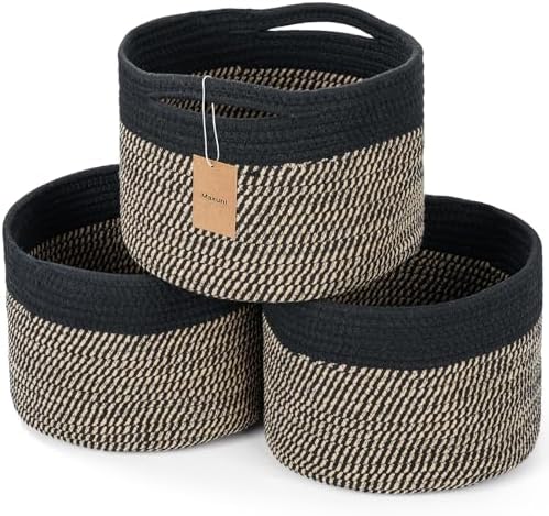 3 Pack Small Rope Storage Baskets, 9.82×9.82×7.1", Brown+Black | Cotton Basket for Gifts Empty, Cute Round Woven Basket, Decorative Shelf Basket Organizer, Organizing Basket for Shelves