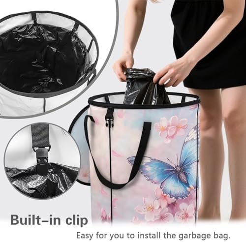 doginthehole Pink Floral Butterfly Collapsible Garbage Can 23 Gallons Trash Can Outdoor Waterproof Recycling Bin Storage Bag Holder Trash Bin with Lid, 22.83x17.71 in