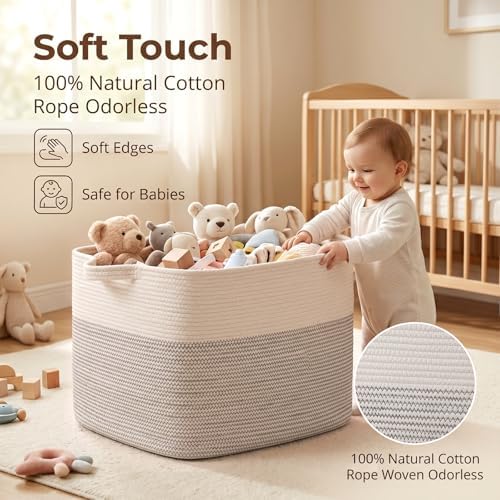 OIASKET 108L Cotton Rope Storage Basket for Living Room and Bedroom 25"x16"x16" Woven Laundry Basket, Heavy Duty Bin for Blankets, Pillows & Toys, Pet-Safe & Scratch-Free, Black and White