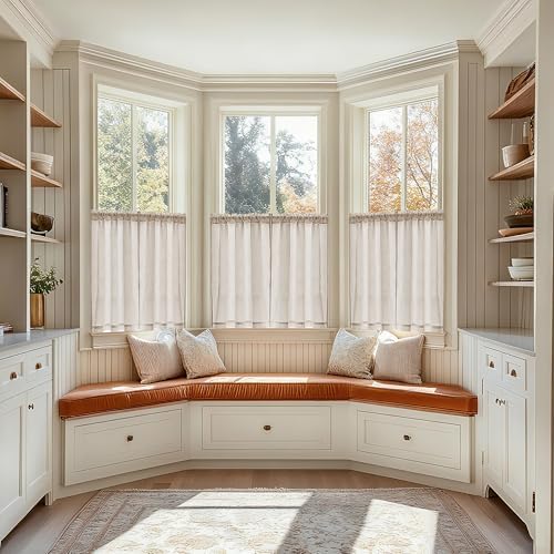 48 Inch Linen Small Window Curtains 2 Panels Privacy Semi Sheer | Light Filtering Drapes, for Bedroom Bathroom, Light Coffee Tan Beige, Farmhouse Rustic, Rod Pocket, Door Curtain, W34xL48