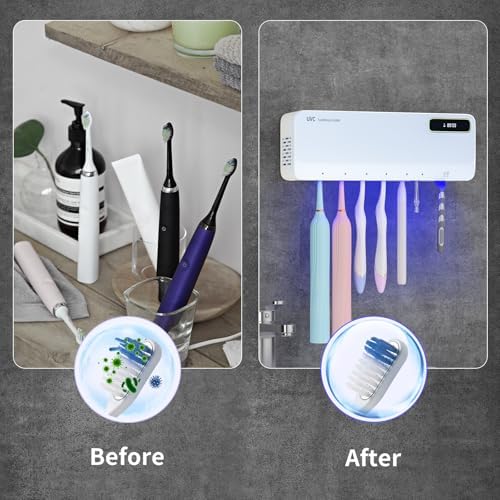 UV Toothbrush Sanitizer Holder for Bathrooms, 5+1+1 Slots Toothbrush Sanitizer and Holder, Rechargeable Cordless Wall Mounted Tooth Brush Holder with Heating Functions, No Drilling (White)
