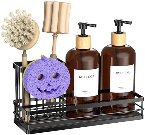 Moforoco Kitchen Dish Soap Dispenser Set, 16OZ Glass Bottle, Hand and Dish Soap Dispenser Set, Instant Dry Tray, Brush Holder with Smiley Face Sponge Holder (Black Tray+Amber Bottle+Labels)