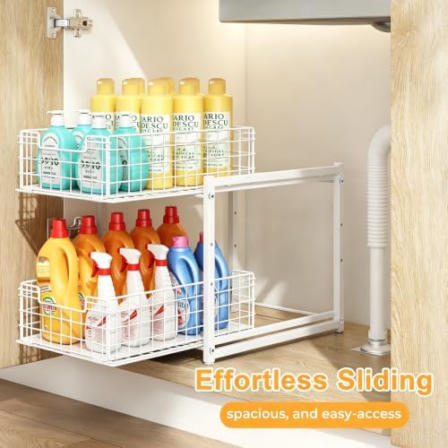 Under Sink Organizer, White 2-Tier Pull Out Cabinet Organizer | Kitchen Bathroom Organizer and Storage, Spice Rack for Kitchen, Multi-use Sliding Drawers Shelves (1, white)