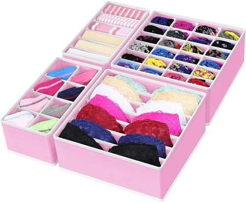 Simple Houseware 4-Pack Drawer Organizer Set for Underwear/Socks/Bra, Pink | Closet Dividers for Underwear, Socks, Bras, Scarves, Ties - Foldable Non-Woven Storage Boxes
