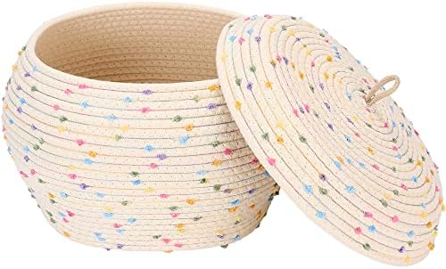 Sea Team Round Woven Cotton Rope Storage Basket with Lid, Rainbow | Decorative Colorful Pompom Knitted Storage Bin, Pot, Caddy, Organizer, Container for Snacks, Towels, Plants, 13 x 9 Inches