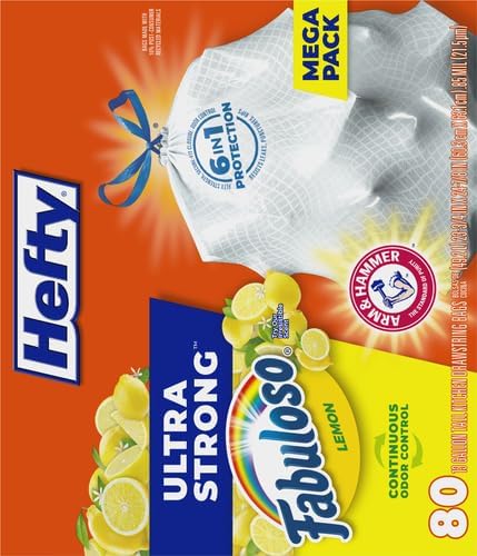 Hefty Ultra Strong 13 Gallon Trash Bags, Tall Kitchen Trash Bags 13 Gallon Size, Resist Leaks, Punctures, and Rips, Continuous Odor Control, White, Fabuloso Lemon Scent, 80 Bags| (Pack of 3)
