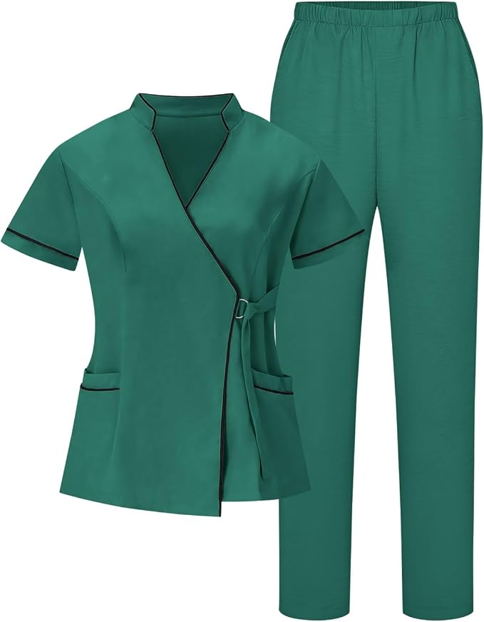 Housekeeping Uniforms for Women Hotel Cleaning Nurse Scrub Sets Stretch Wrap V-Neck Short Sleeve Top and Pants