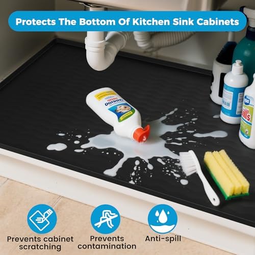 URMONA 28 x 19 in Waterproof Silicone Under Sink Mat, Cabinet Protector | Charcoal , Under Kitchen Sink Mat, Kitchen Cabinet Liner, Bathroom Sink Protector, Pet Food Mat and Cat Litter Mat