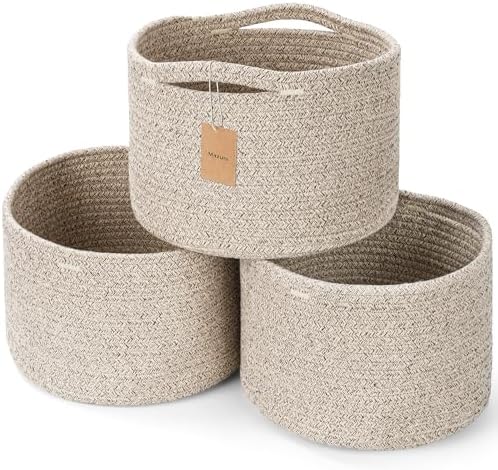 3 Pack Small Rope Storage Baskets, 9.82×9.82×7.1", Brown | Cotton Basket for Gifts Empty, Cute Round Woven Basket, Decorative Shelf Basket Organizer, Organizing Basket for Shelves
