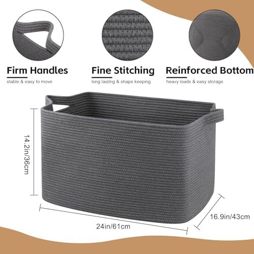 OIASKET 95L Large Blanket Basket, Blanket Storage Living Room, Rectangle Woven Baskets for Storage Toys, Towels, Dirty Clothes Organizer Bins (Dark Grey)