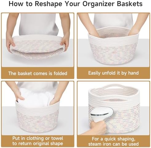 3 Pack Small Rope Storage Baskets, 9.82×9.82×7.1", Rainbow | Cotton Basket for Gifts Empty, Cute Round Woven Basket, Decorative Shelf Basket Organizer, Organizing Basket for Shelves
