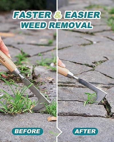 Crack Weeder Crevice Weeding Stainless Steel Lightweight Tool | Razor-Sharp Rust-Resistant L-Shaped Blade, Solid Wood Non-Slip Handle, for Patio Cracks, Driveway Gaps, Walkway Edging