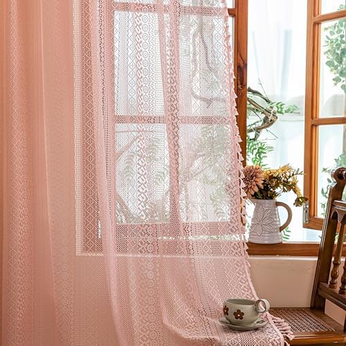 Sutuo Home Lace Sheer Boho Curtains for Bedroom Dining Room, Soft Plush Pink Bohemian Crochet Tassels Farmhouse Window Curtains Drapes Vintage Chic Decor, Rod Pocket 1 Panel 59" W x 96" L, Light Pink