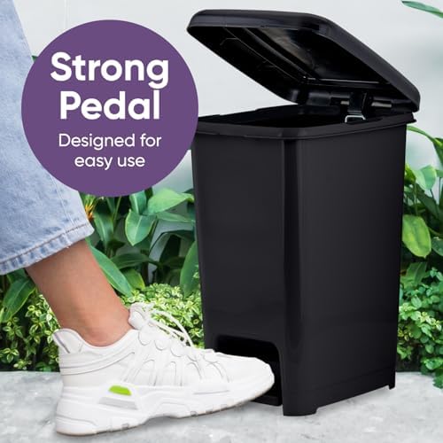 Superio Slim Step On Trash Can 6.5 Gallon, Black Waste Bin with Foot Pedal Lid 26 Liter, Kitchen, Under Desk, Office, Bedroom, Bathroom