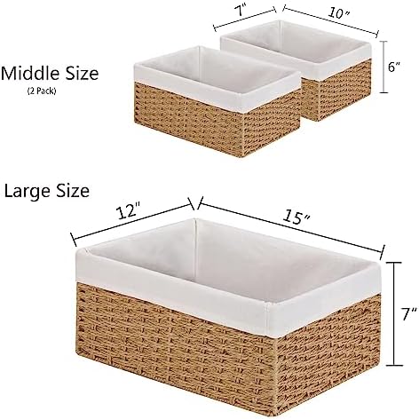 Vagusicc Wicker Storage Basket, 3-Pack Woven Paper Rope Wicker Baskets with Handles, Large Wicker Basket Cube Storage Bins with Liners, Storage Baskets for Organizing Shelves & Decor, Natural