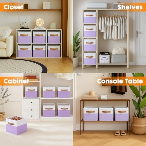 ShellKingdom Storage Bins, Two-Tone Foldable Fabric Storage Cubes with Leather Handle for Closet Toys Clothes Storage Organizer Drawer, 10.5 X 10.5 X 11 inch, 2 Pack (White/Lavender)
