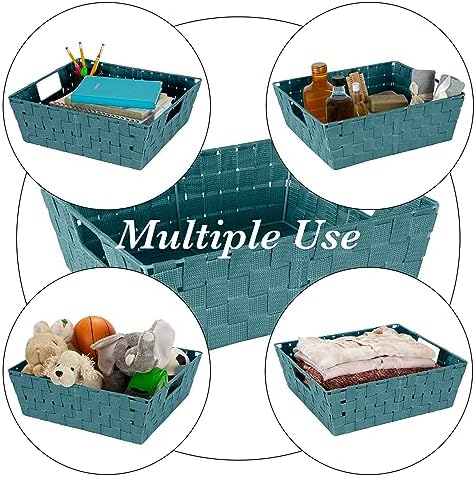 Simplify Large Shelf Woven Strap Tote | Decorative Storage Basket | Built in Handles | Organization | Closet | Bedroom | Bathroom | Nursery | Accessories | Toys | Gifts | 1 Pack | Sapphire