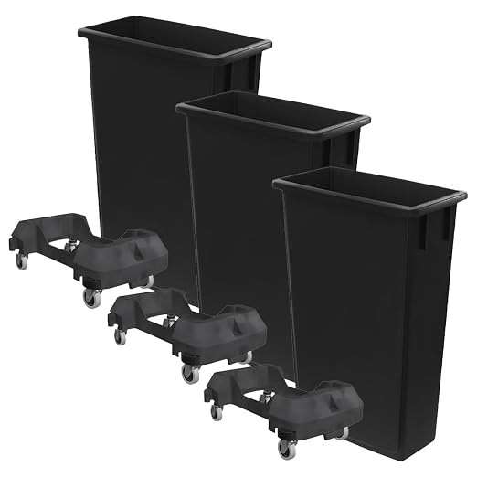 3 Pack 23 Gallon Waste Bin with Dolly, Heavy-Duty Trash Can, Slim Rectangular Garbage Bin, Durable Waste Container, Recycling Bin, Plastic Wastebasket for Kitchen, Garage, Restaurants, Office