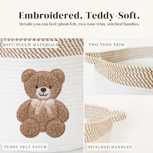 Teddy Bear Baby Storage Basket, Woven Cotton Rope Nursery Bin, 15x11 in | Stuffed Animal and Blanket Storage, Embroidered Bear Patch, Gender Neutral Nursery Decor, Shower Gift, Playroom Organizer