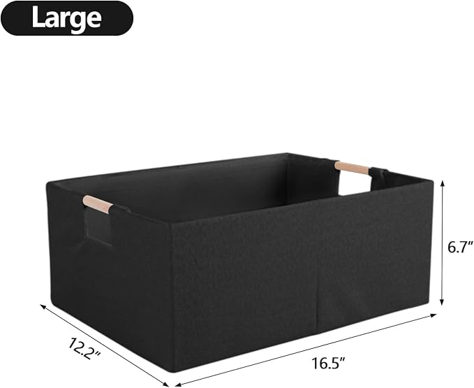 Fabric Storage Box, 13x9in Foldable Cotton Linen Basket with Wooden Handle | Small Rectangular Cube Decorative Home Laundry Organizer Clothes Blanket Container Organizing Clothes Sheets Jeans, Black