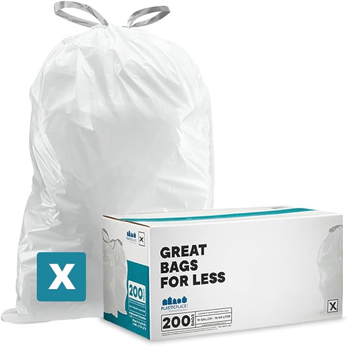 Plasticplace Custom Fit Trash Bags, Compatible with simplehuman Code X (200 Count) White Drawstring Garbage Liners 21 Gallon/ 80 Liter, 26" x 24.5"