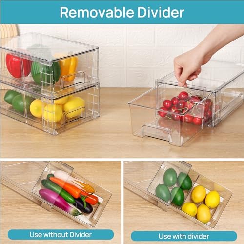 Vtopmart 2 Pack Stackable Clear Drawer with Dividers | Clear Drawer Organizers with Removable Dividers for Flexible storage. Stackable, Non-slip, for Fridge, Under Sink & Bthroom
