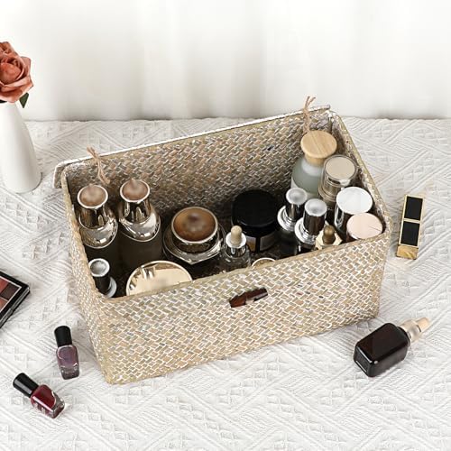 Sumnacon Wicker Basket with Lid,Tampon Holder for Bathroom,Whitewash,Medium | Natural Seagrass Female Product Organizer for Toiletries Pad Tampon Storage,Farmhouse Woven Baskets for Shelf, Toilet Tank