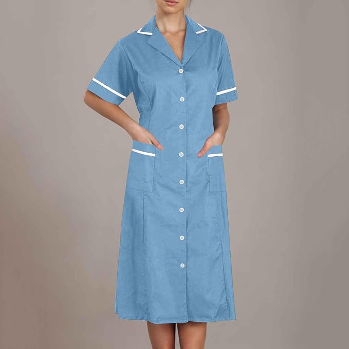 Women's Short Sleeve Work Dress Lapel Button Front Nursing Workwear Casual Housekeeping Scrubs Dress with Pockets