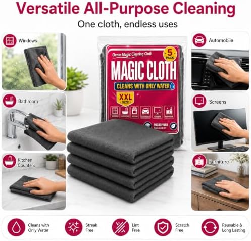 5 Pack Thickened Genie Magic Cleaning Cloth, XXL Microfiber Magic Cloth for Stainless Steel, Glass, Mirrors, Windows, Kitchen, Bathroom, Car & Screens, Reusable Lint Free Streak Free Cleaning Towels