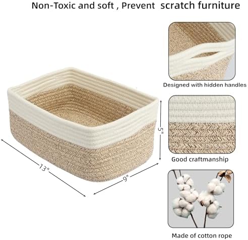 XUANGUO Small Woven Storage Baskets for Shelves, 13" x 9" x 5", White/Brown | Decorative rope storage bins for closets and toy storage; cute organizer baskets, empty gift baskets and nursery storage.