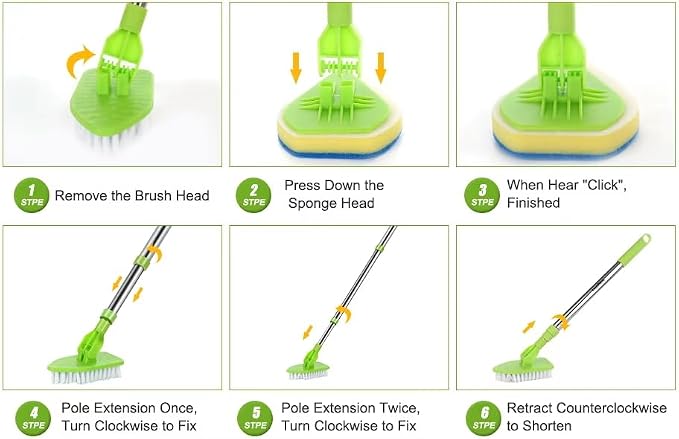 4-in-1 Tile Tub Floor Scrubber with 52-inch Adjustable Long Handle Shower Cleaner Brush with V-Shaped Grout Brush and 3 Replacement Brush Heads for Cleaning Bathroom Kitchen Walls Tub Tile
