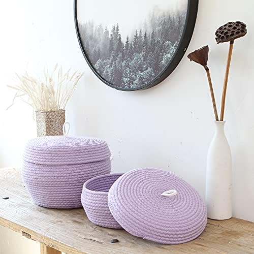 Sea Team Round Woven Cotton Rope Storage Basket with Lid, Lavender | Lidded Knitted Decorative Storage Bin, Pot, Caddy, Organizer, Container for Snacks, Towels, Plants, 13 x 5.5 Inches
