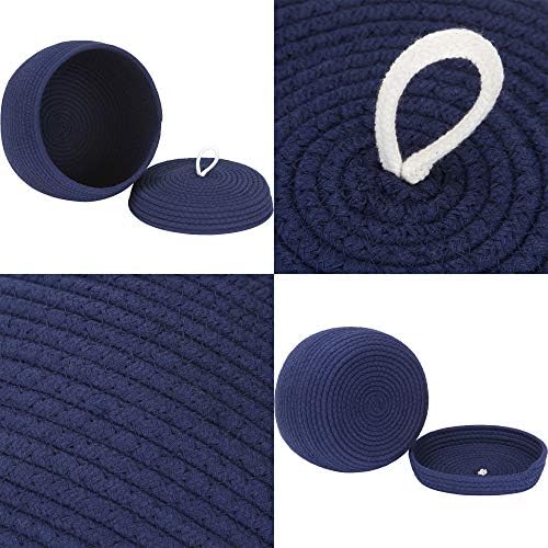 Sea Team Round Woven Cotton Rope Storage Basket with Lid, Navy | Lidded Knitted Decorative Storage Bin, Pot, Caddy, Organizer, Container for Snacks, Towels, Plants, 10 x 7.5 Inches