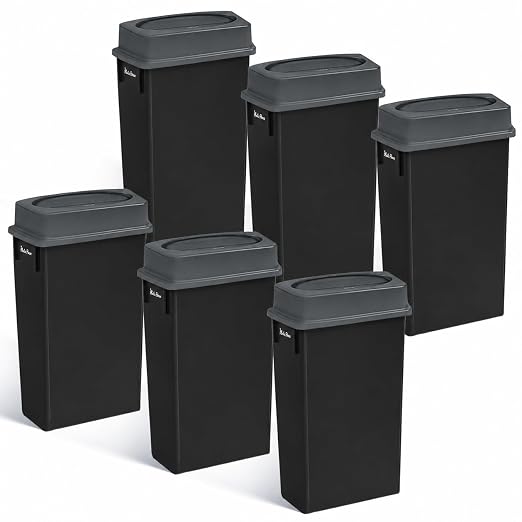 PLASTIC PRINCE 23 Gallon Slim Trash Can with Swing Lid Commercial Rectangular Garbage Can with Drop Shot Lid Waste Bin with Double Flip Top for Restaurant Home Kitchen Office, Black/Gray 6 Pack
