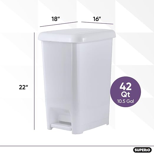 Superio Slim Trash Can with Foot Pedal – 10.5 Gallon Step-On Trash Can with Lid, Large Plastic Garbage Can, Trashcan for Bathroom, Kitchen, Office, Bedroom, Dorm Room, Patio, – White Smoke