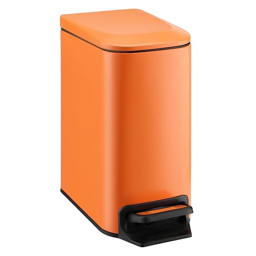 TIPGO Small Bathroom Trash Can with Lid, 1.6 Gal, Soft Close, Orange | Foot Pedal, Soft Quiet Lid, 5.9'' Slim for Narrow Space, Stainless Steel, Anti-fingerprint, Removable Inner Bucket, Odor Seal