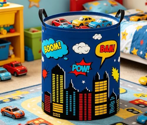 Baby Laundry Basket Baby Nursery Hamper Kids Laundry Basket Toy Storage Bin for Boys Room Decor Gift Baskets for Bedroom Bathroom(Blue City)