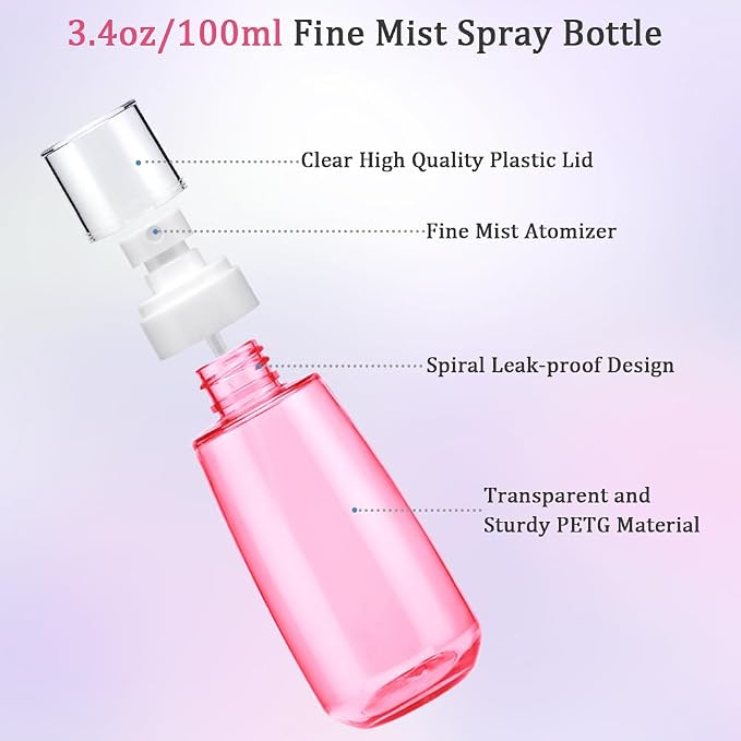 Fine Mist Spray Bottle 3.4oz/ 100ml Empty Cosmetic Refillable Travel Containers Plastic Hair Spray Bottle Sprayer for Perfume Skincare Makeup Lotion (4color)