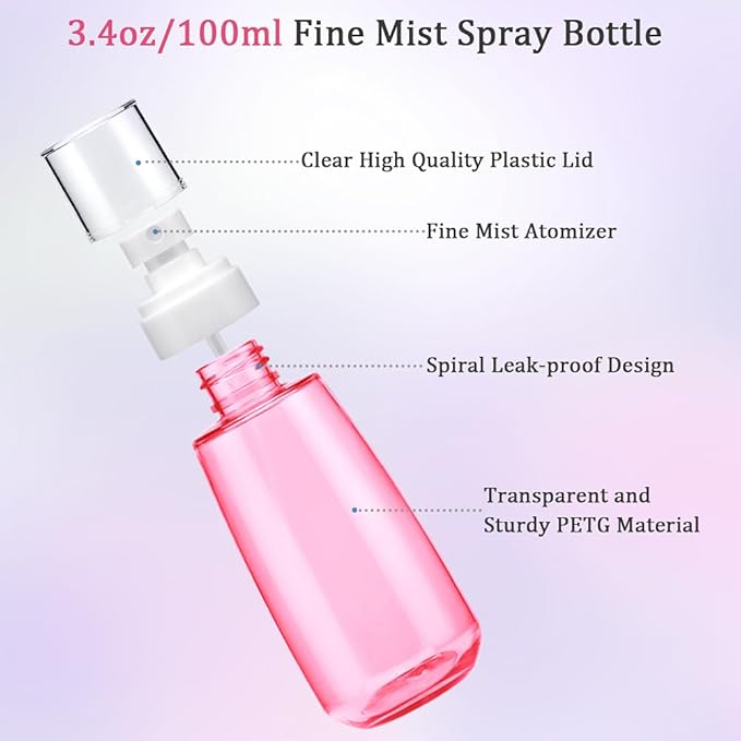 Fine Mist Spray Bottle 3.4oz/ 100ml Empty Cosmetic Refillable Travel Containers Plastic Hair Spray Bottle Sprayer for Perfume Skincare Makeup Lotion (6color2purple)