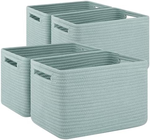 4 Pack Storage Baskets for Organizing Toys, Towels, and Clothes, Woven Basket for Shelves, Sturdy Nursery Cube Bins for Storage, 13''L x9''W x7.8''H, Frosty Green