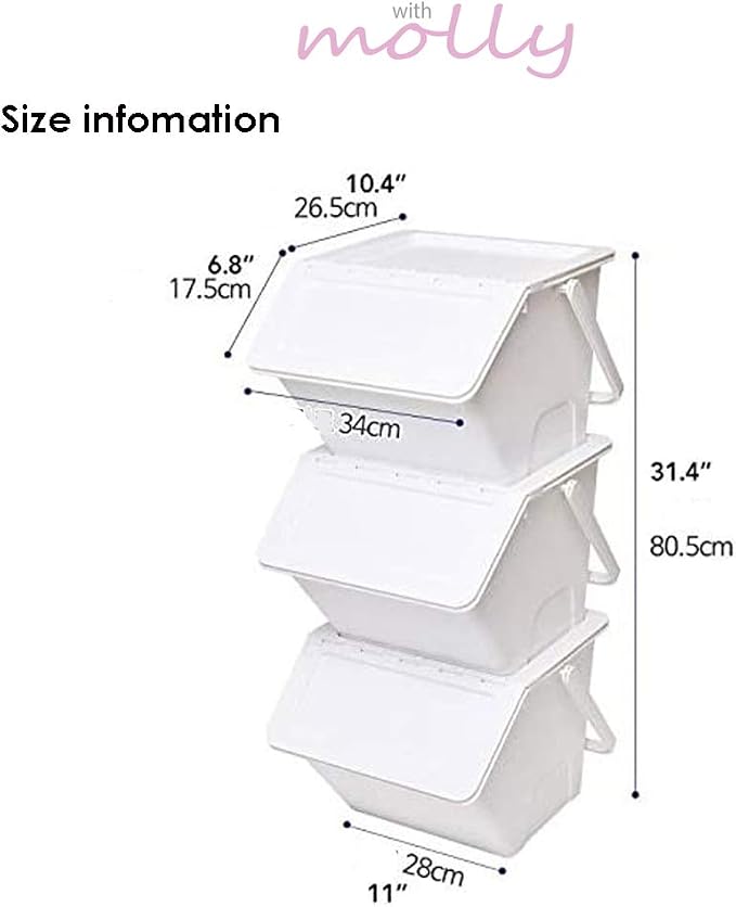 Daily Stackable Organizer Stores Recycling Bin Container with Lid, Handle, Recycle Sticker Trash Bin Label, Tools and Toys, Handy Recycler, 3 Pack of Bins White