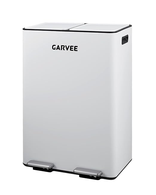 Garvee 16 Gal Dual Compartment Stainless Steel Trash Can with Inner Buckets | White Step Pedal Trash Can, Heavy Duty Recycling Bin with Lid & Step Pedal, for Kitchen, Office, Home, Commercial Use