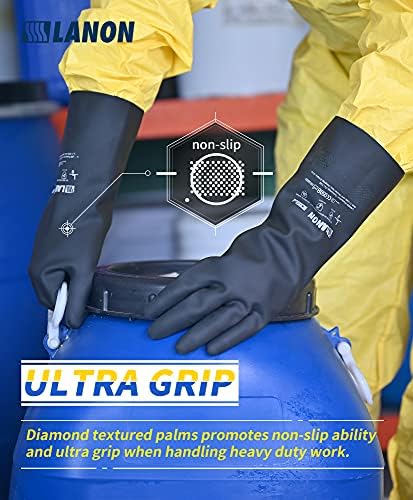 LANON Rubber Chemical Resistant Gloves,Heavy-duty Work,Unlined,Black,Large | Heavy-Duty Work,Cleaning,Waterproof,Unlined,Reusable,Comfortable,Durable,Non-Slip,Acid,Solvent,Alkali & mechanical risks.
