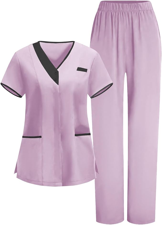 2026 Housekeeping Uniform Cleaning Uniforms - Button V Neck Top & Pants with Multi Pockets - Scrubs for Women