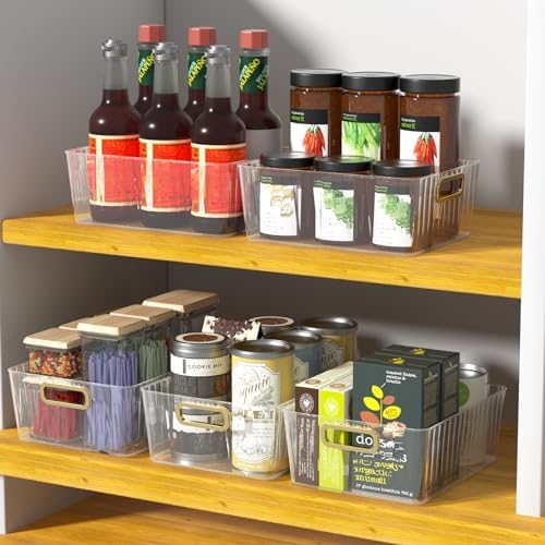 4 Packs Clear Plastic Storage Bin, Pantry Organizer Bin | Clear Containers With Built-in Handles, Multipurpose for Refrigerator, Kitchen, Freezer Organization