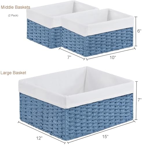 Vagusicc Wicker Basket, Set of 3 Hand-woven Storage Baskets for Organizing, Rectangle Wicker Storage Basket Bins with Handles, Small Toilet Paper Storage Baskets for Shelves & Decor, Blue