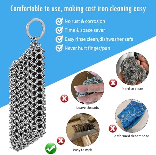 Herda 316L Cast Iron Scrubber Cleaner, Large Chainmail Cast Iron Cleaner | Honeycomb Silicone Insert, Flexible,Stainless Steel Chain Mail Metal Sponge Scrub Skillets,Oven,Flat Top,Grill Pan Pot Brush