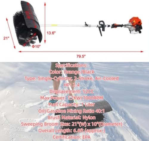 Power Broom,Gas Powered Sweeper Brush Broom, Cordless Hand Held Walk Behind Power Shovel Snow Cleaner for Driveway Lawn Garden, 52CC 2-Stroke, 2.4HP (21x10 EPA)